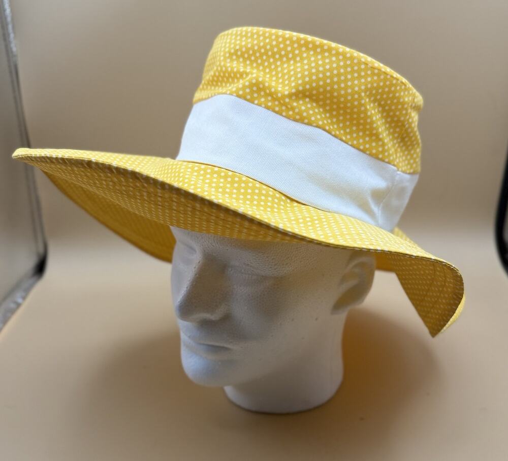 Vintage Rare Polka Dot Sun Hat Yellow White Adult White Band Wide Brim Bucket